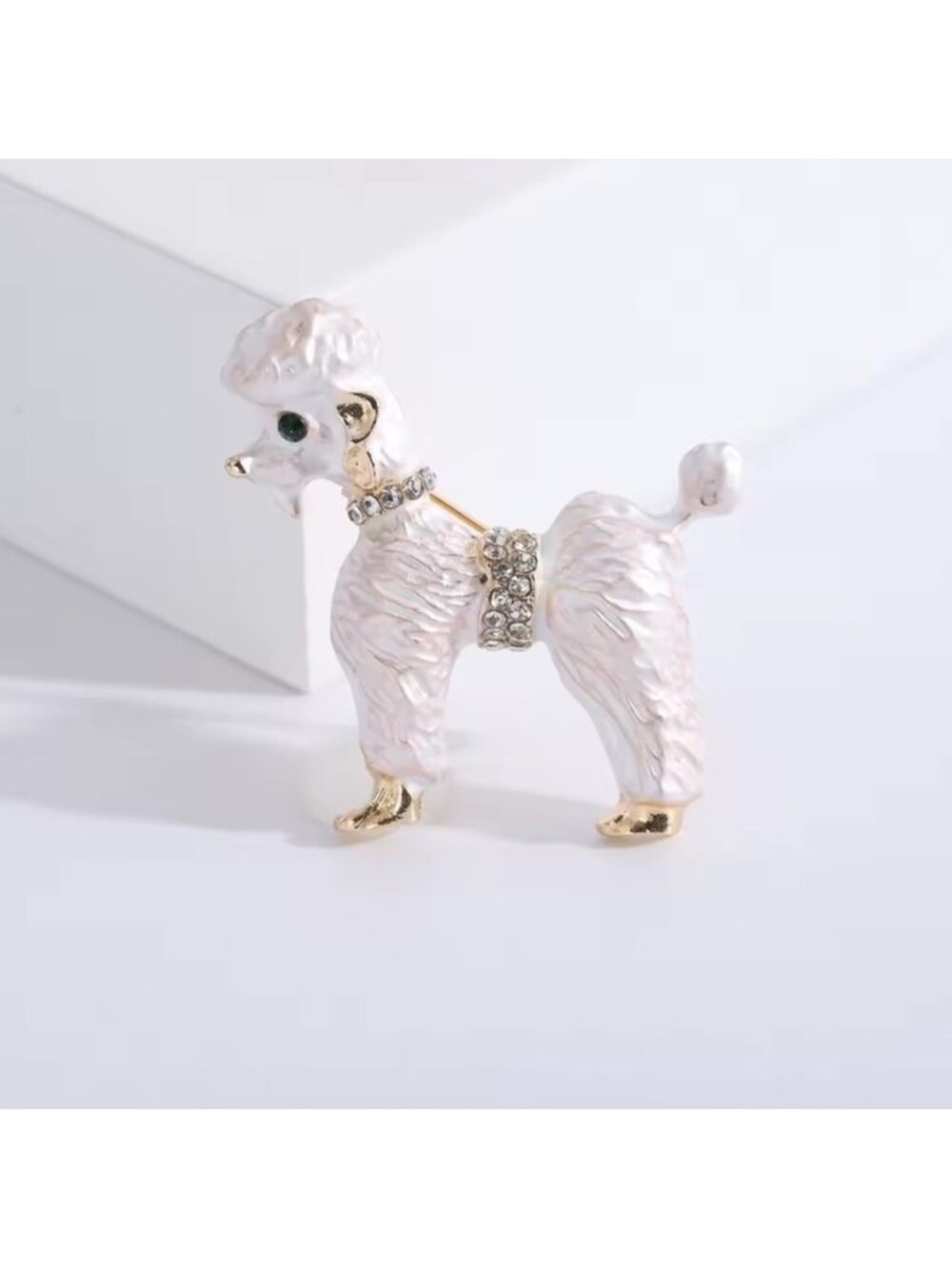 White Poodle Gold Crystal Brooch